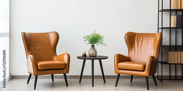 Fototapeta Minimalistic leather armchairs and coffee table in elegant office or apartment, with book, agenda or planner in meeting room at business center.