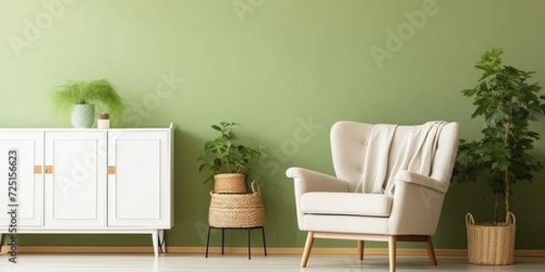Fototapeta Photo of green armchair in bright, natural living room with macrame hanging above white cupboard