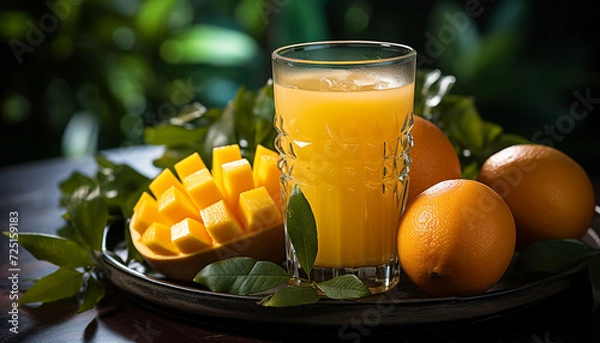 Fototapeta Fresh citrus fruit slice on wooden table, refreshing summer drink generated by AI