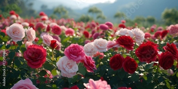 Fototapeta Experience the Serenity of a Blooming Rose Garden - A Symphony of Vibrant Colors and Delicate Petals Bathed in Soft Sunlight