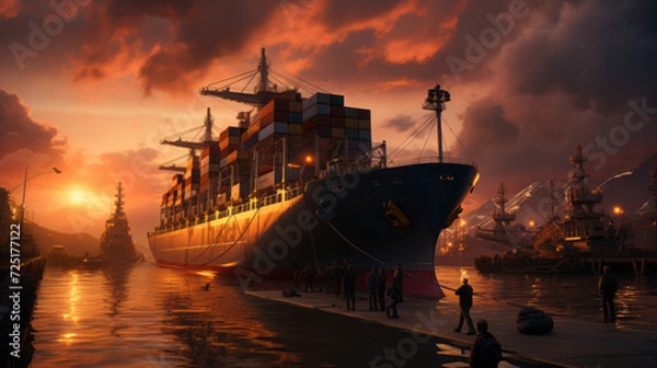 Obraz Mesmerizing Maritime Views: Captivating Sunset Over Serene Waters, Ship Silhouette Paints Serene Portrait of a Scenic Horizo, generative AI