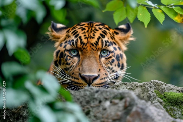 Fototapeta A tiger is peeking out from behind a rock. AI generative