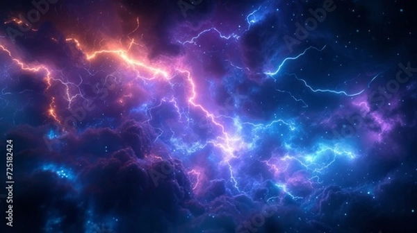 Fototapeta Electric force of nature: powerful lightning strike and energetic sparks against a dark sky. Abstract background of lightning strikes.