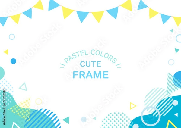 Fototapeta ガーランドをあしらったポップな幾何学模様のフレーム。淡いブルーが夏のイメージ。7月、8月のセールチラシや暑中見舞いにぴったりなベクター素材