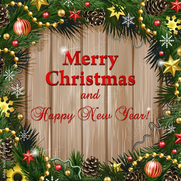 Fototapeta Card with wreath on wood background