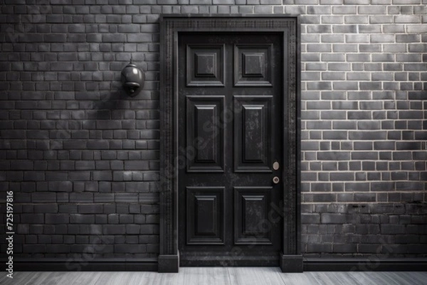 Fototapeta For a mockup in architecture and interior design, a black door is positioned against a white brick wall