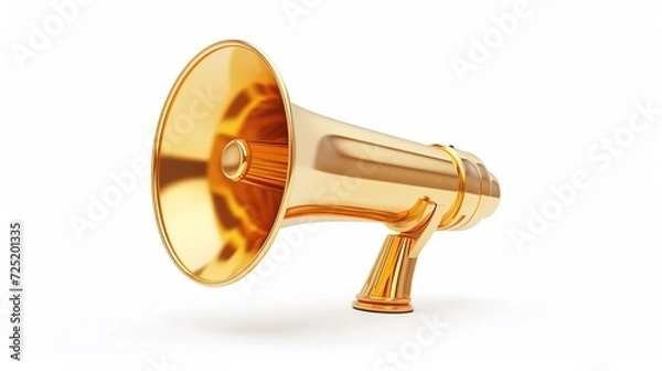 Fototapeta Golden metal megaphone isolated on white background. 3d rendering of bullhorn, luxury loudspeaker isolated on white, copy space.