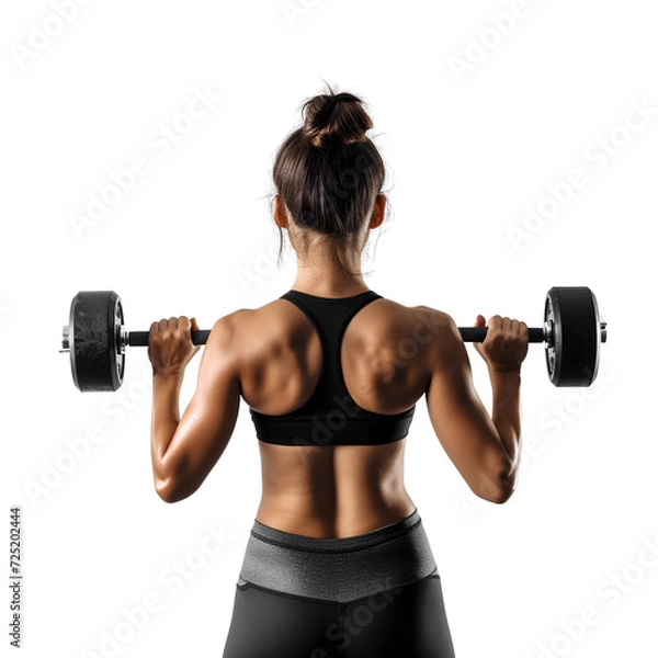 Fototapeta Fitness, exercise and woman with dumbbell for workout, muscle training and body building. Gym, strong girl weight lifting on white background from back , isolated on transparent background