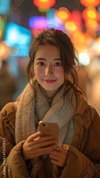 Fototapeta Standing in a metropolis at night, a happy young Asian woman is conversing on her phone.