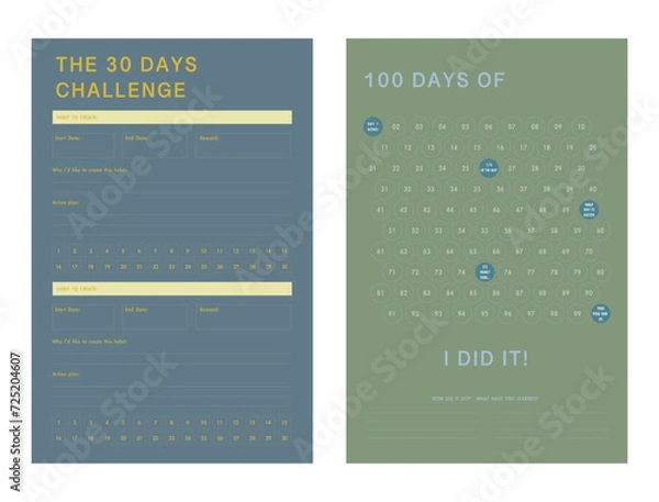 Obraz 100 Days of and 30 Days Challenge planner.  Minimalist planner template set. Vector illustration.	
