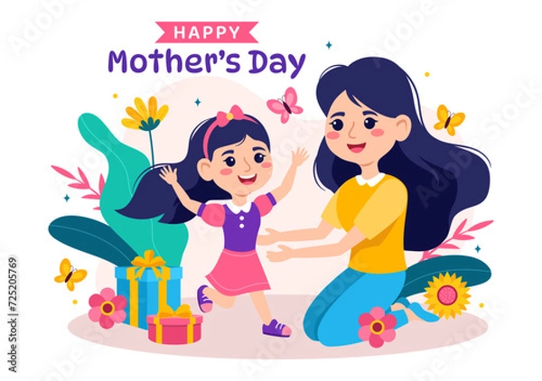 Fototapeta Happy Mother Day Vector Illustration of Affection for Baby and Kids from Mothers with Flower and Gift Concept in Flat Cartoon Background Design