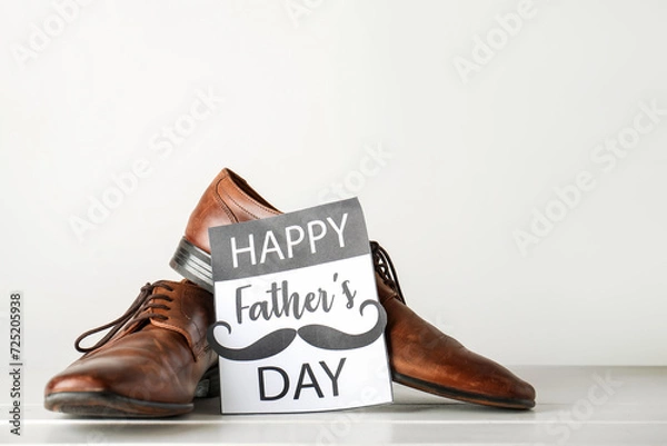 Obraz Card for Father's Day with shoes on white wooden table