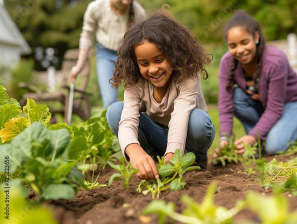 Obraz A Photo Of A Community Garden Where Families Are Planting Vegetables Together Symbolizing Unity And Sustainability