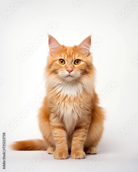 Obraz Orange fluffy cat sitting look at camera on white background