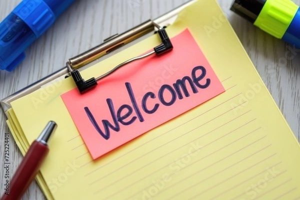 Fototapeta Welcome message written on a post-it note