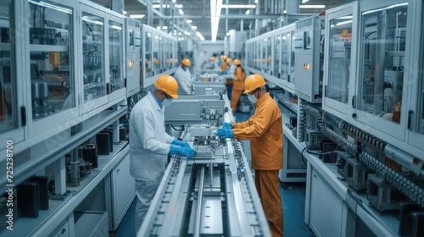 Fototapeta High angle view, in a clean modern factory, engineers working on high tech machines. Generative AI.