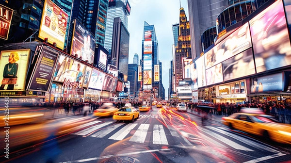 Fototapeta Dynamic Times Square Rush Hour with Blurred Traffic and Pedestrians