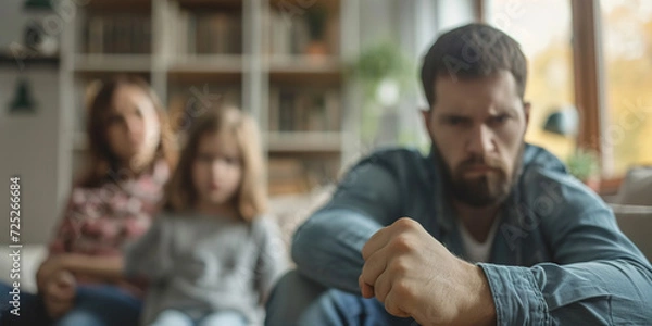 Fototapeta Man threatening kid daughter with his fist. Scared child sitting together on sofa couch in scare. Selective Focus on male hand. Child abuse anger and domestic violence concept.