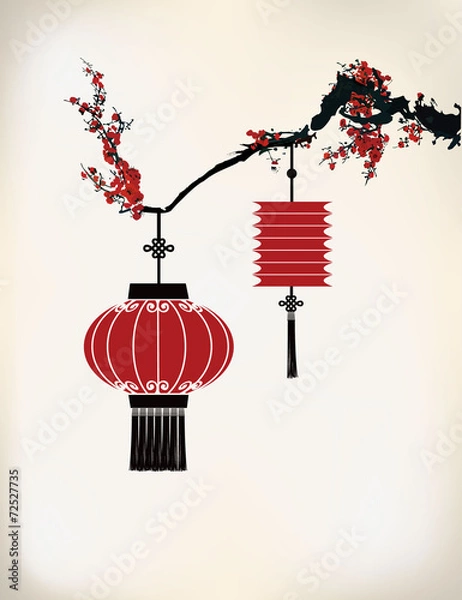Fototapeta Chinese Lantern hang on cherry tree