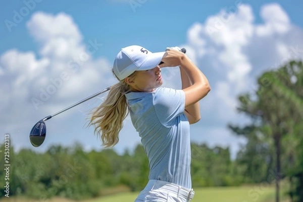 Fototapeta Young woman golfer in a golf course on a beautiful sunny day