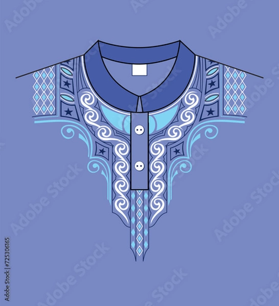 Fototapeta neck design embrodery style in electric blue colour flat background 01