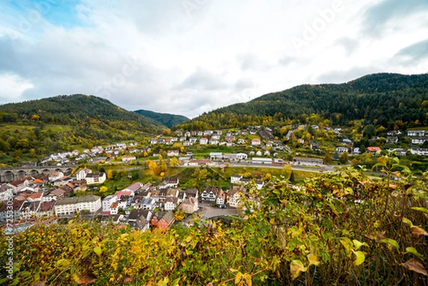 Obraz View of the town of Hornberg and the surrounding nature from Hornberg Castle. Landscape with a town in the Black Forest.

