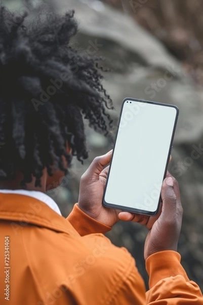 Obraz Mockup image of a young african american man wearing orange jacket holding mobile phone with blank screen
