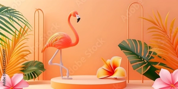Fototapeta Colorful Tropical Scene with Flamingo and Foliage
