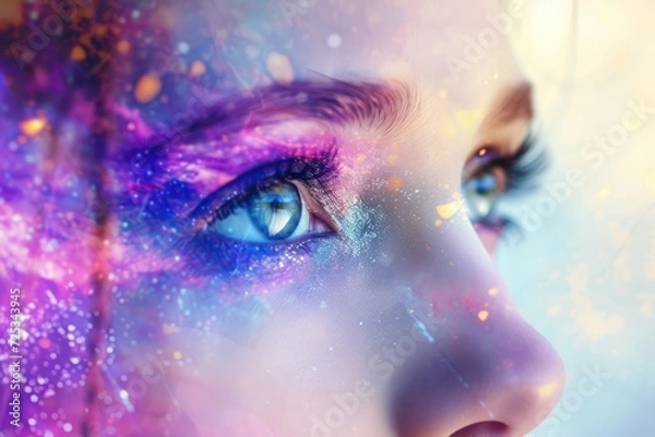 Obraz beautiful fantasy abstract portrait of a woman face with colorful paint space nebula, closeup of eyes