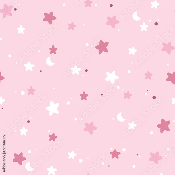 Obraz Fun doodle stars in the sky seamless vector pattern. Cute hand drawn starry background for kids room decor, nursery art, print, fabric, wallpaper, wrapping paper, textile, packaging, card, apparel.