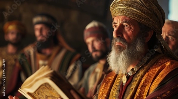 Fototapeta Paul from Bible stories in his 50s preaching bible to the king of Jeruselam, 3D rendering, detailed textures, dramatic lighting 