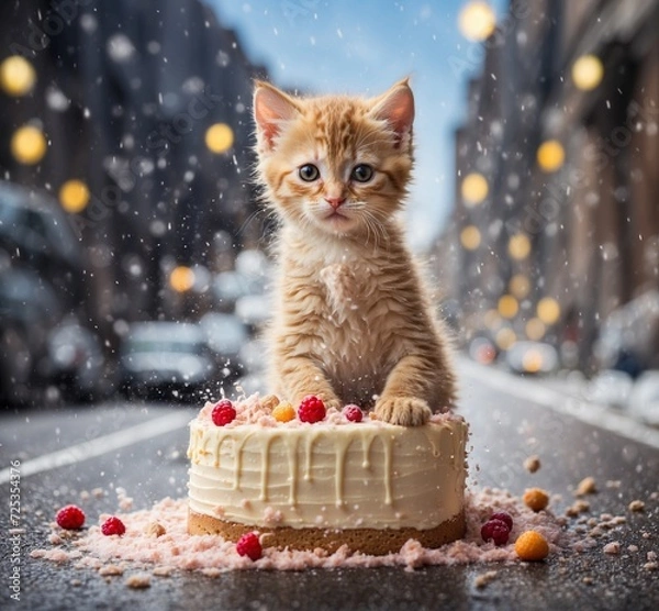 Obraz Cute ginger kitten with cake on the street in the rain.