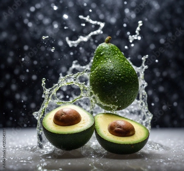 Obraz Fresh avocado with water splash on a dark background. Shallow dof.