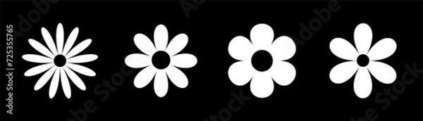 Fototapeta Four white chamomile round icon. White daisy camomile set line. Cute cartoon flower head plant collection. Love card symbol. Growing concept. Nature style. Flat design. Isolated. Black background.