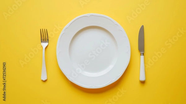 Fototapeta Top down view of a white plate isolated on yellow background with fork and knife with copy space