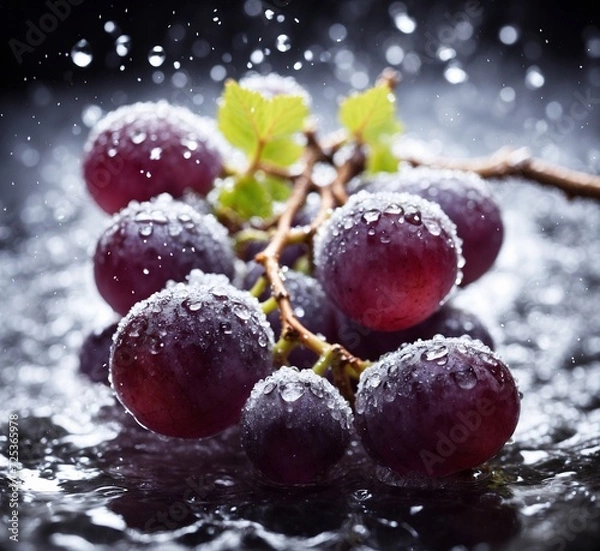 Obraz Grapes with water drops on a black background. Selective focus.