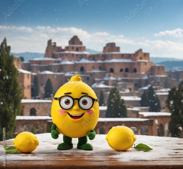 Obraz Funny lemons in the snow against the background of the ancient fortress
