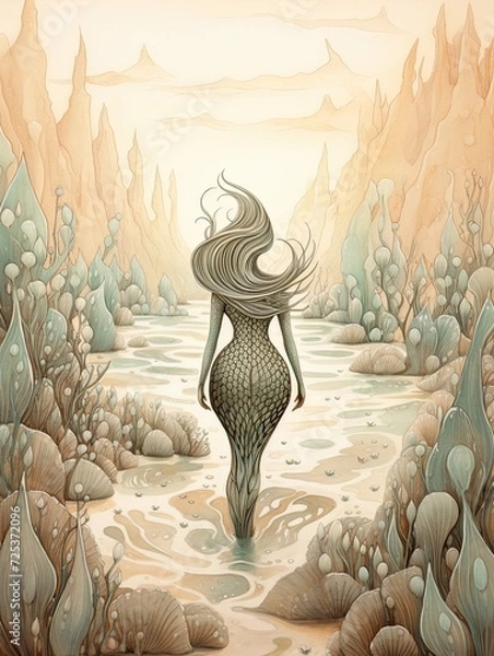 Fototapeta Whimsical Mermaid Sketches: Desert Landscape Art with Sandy Ocean Bottom