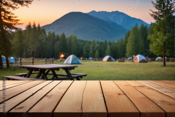 Fototapeta Empty wooden table with blurred evening campsite in the background, for product display