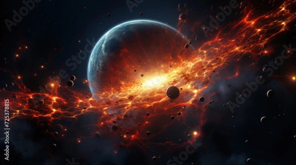 Fototapeta A wallpaper featuring a planet in space with cosmic dust, generative AI