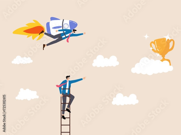 Fototapeta One rocket, one ladder grab the trophy.comparison of ambitious and traditional approaches to achieve the highest business achievements, one goes high on a rocket, one climbs the ladder to the goal.