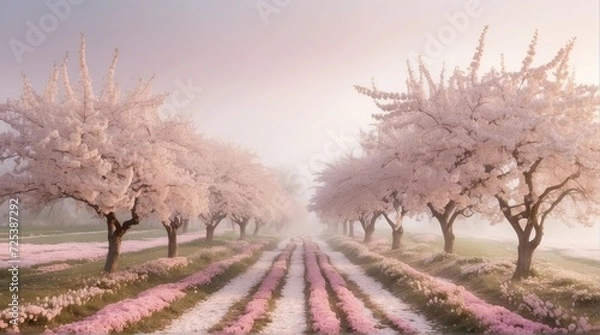 Fototapeta cherry blossom orchard, trees, pathway, photography backdrop, wedding backdrop, photoshop overlay,