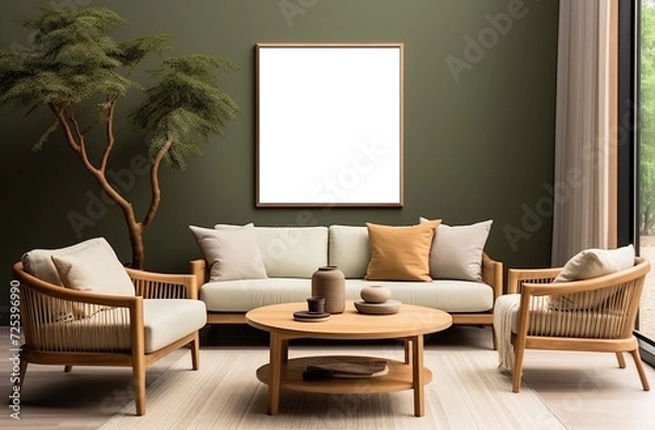 Fototapeta Stylish living room adorned with an abstract frame poster, featuring modern interior design, accompanied by a 3D render and illustration. Made with generative AI technology