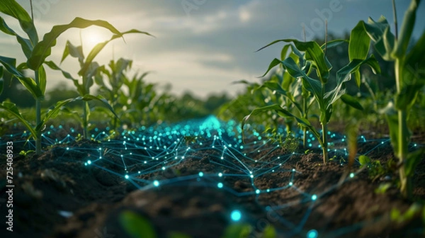 Fototapeta Revolutionize farming with holographic tech in corn fields. Precision agriculture integrates data for efficient crop management and yield optimization.