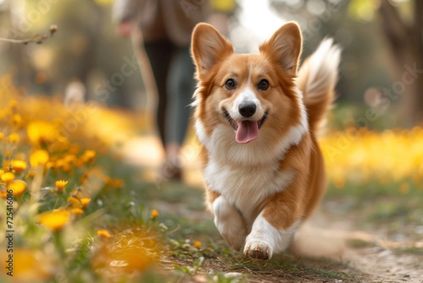 Obraz Cute Welsh corgi dog on a walk with its owner