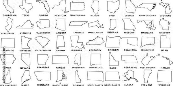 Fototapeta USA Mapa stanu i mapy przedstawiają wektor ilustrację, rysunki linii mapy Ameryki. Idealny do materiałów edukacyjnych, treści podróży, projektów graficznych. Szczegółowe, dokładnie reprezentowane kształty