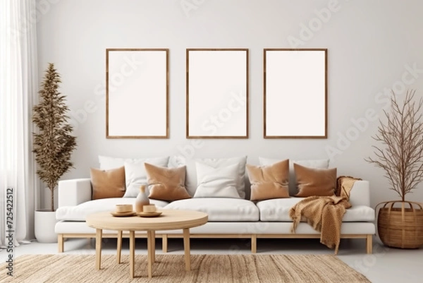 Fototapeta Empty white poster frames hang on a white wall above a beige sofa in a living room. Made with generative AI technology