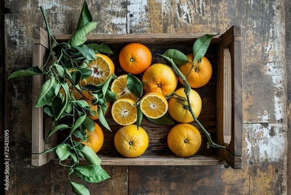 Fototapeta a wooden box with oranges and leaves