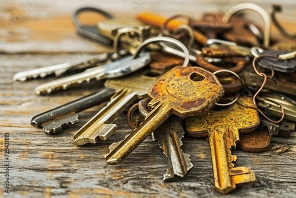 Fototapeta a bunch of keys on a wooden surface