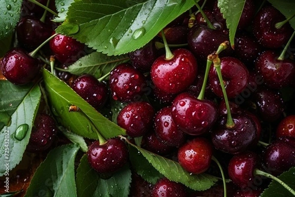 Fototapeta a pile of cherries with leaves